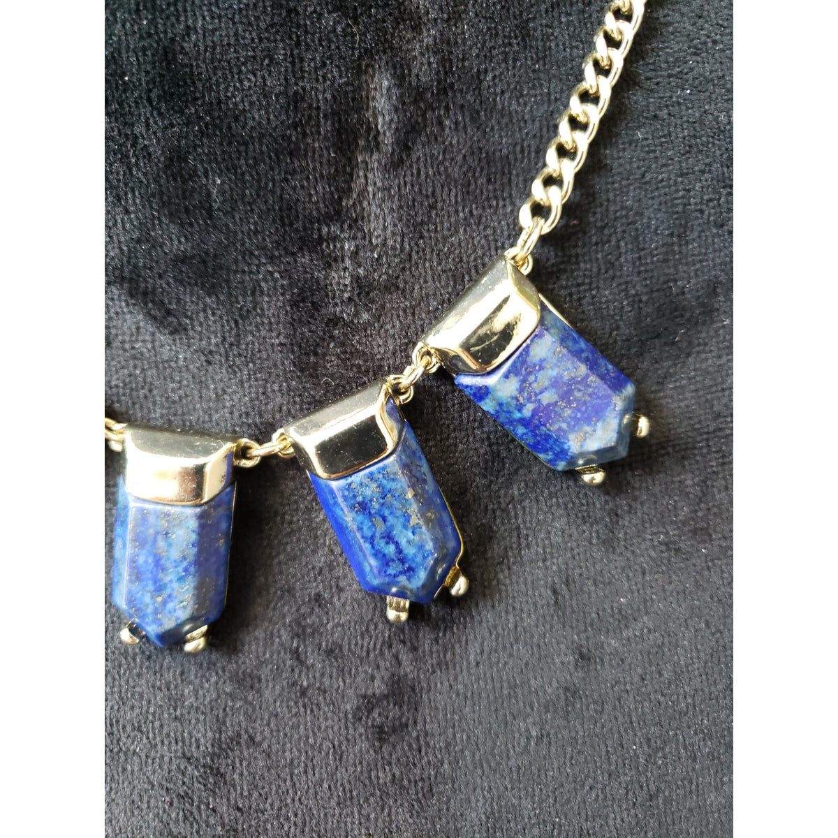 Vintage Lapis Blue Gold Tone Necklace Geometric Stone Link Chain Statement