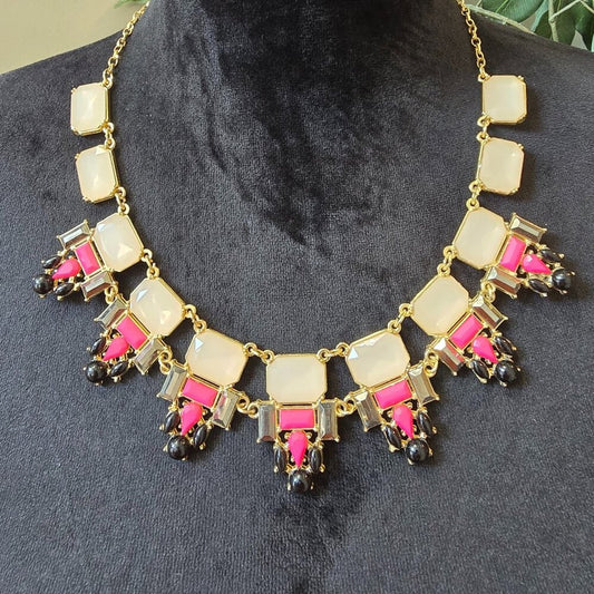 Womens Hot Pink Acrylic Beaded Bib Statement Necklace Jewelry with Lobster Clasp