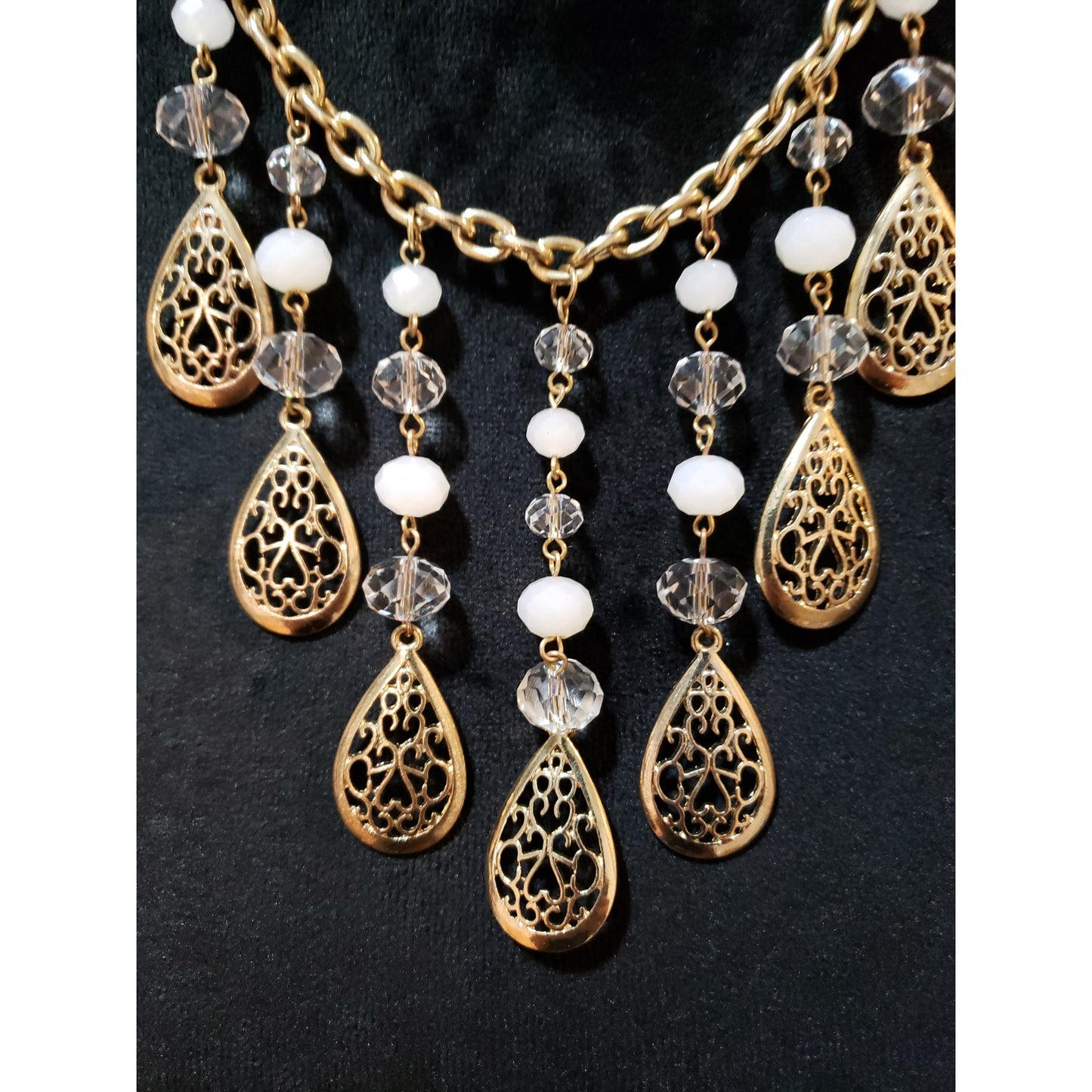 Womens Gold Tone Glass Acrylic Beads Filigree Teardrop Fringe Statement Necklace