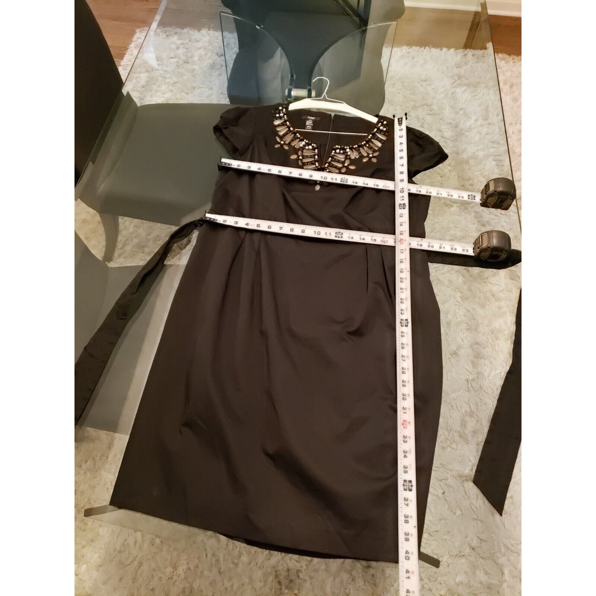 Alfani Women's Black Beaded Tie Waist V Neck Short Sleeve Knee Length Dress 18W