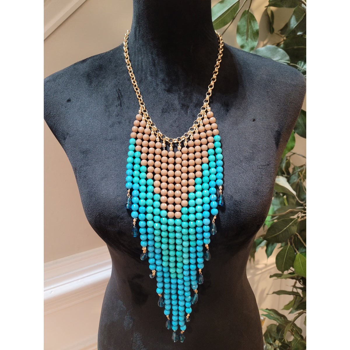 Womens Statement Beaded Necklace Brown Turquoise Layered Bib Design Lobster Lock