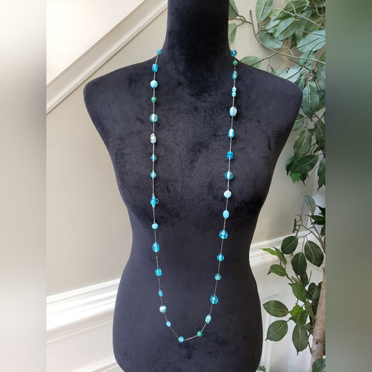 Womens Fashion Blue Glass Beaded Linked Chain Long Necklace with Lobster Clasp