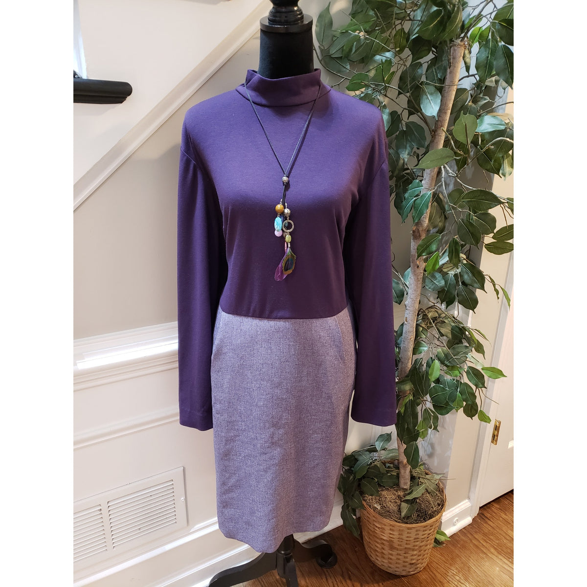 Coldwater Creek Sweater Dress Womens W20 Purple Mock Neck Knee Length Back Zip