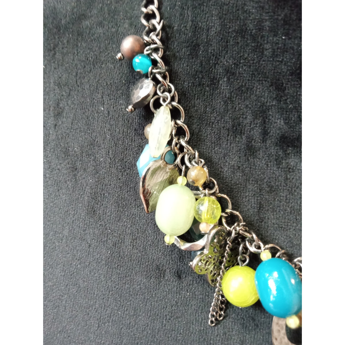 Gunmetal Chain Necklace Turquoise Yellow Beaded Charm Statement Bib Boho Jewelry