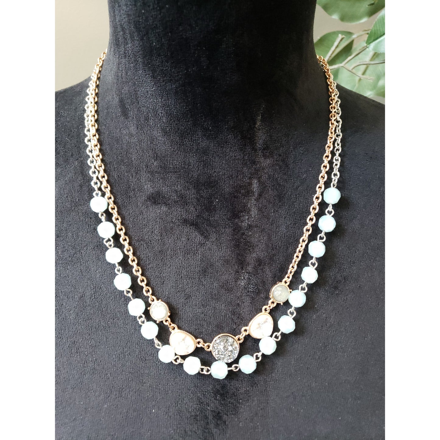 Lobster Clasp Double Chain Necklace with Druzy and Blue Faceted Beads