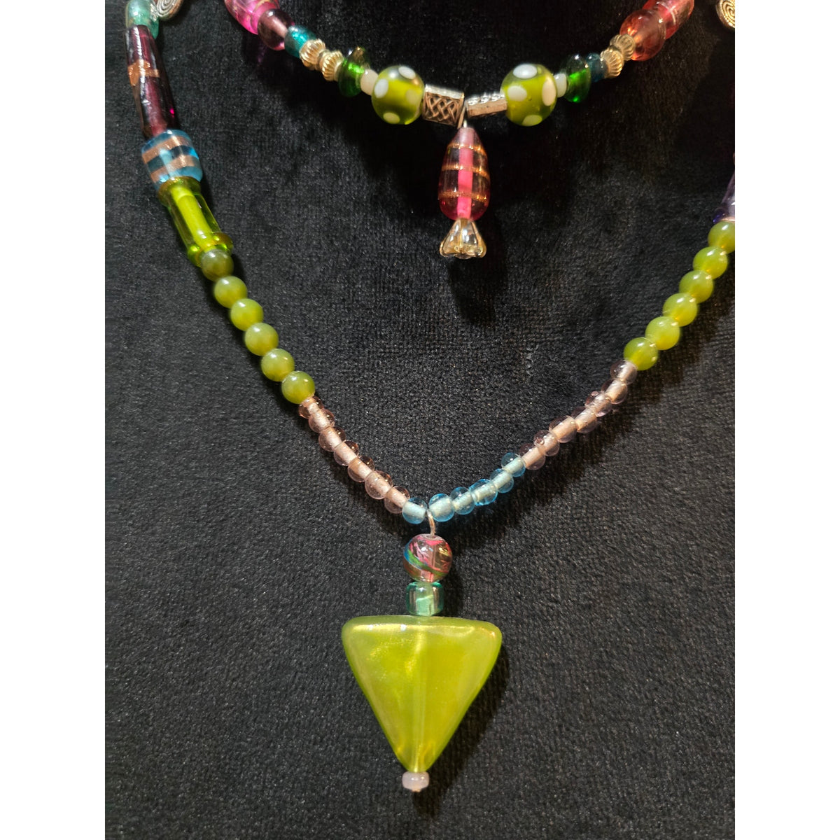 Women Colorful Glass Beaded Necklace Double Strand Green Pendant Handmade Boho