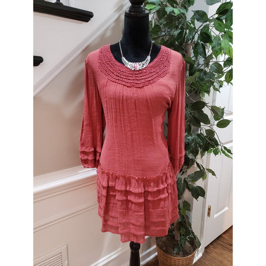 Indigo Soul Burnt Orange Tiered Boho Tunic Long Sleeve Knee Length Dress Large