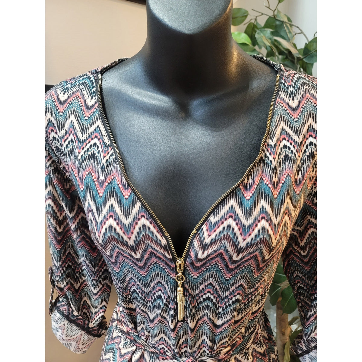 Tacera Dress Womens Small Multicolor Chevron Print V Neck Belted Long Sleeves