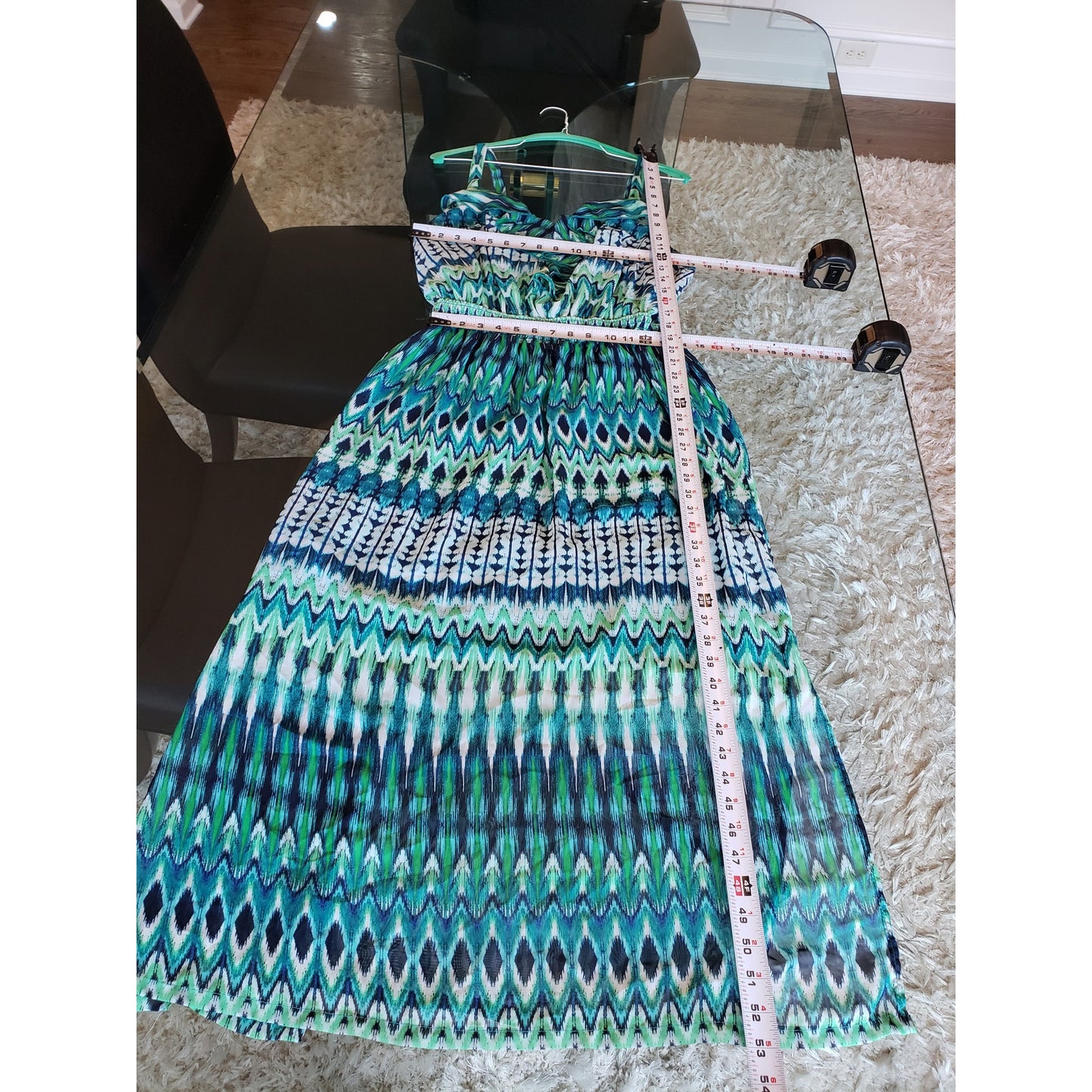 Faded Glory Long Maxi Dress Women 2X Green & Blue Ruffle Strap V-Neck Sleeveless