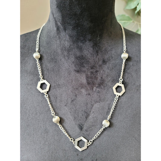 Women's Silver Chain Necklace with Hexagon and Round Beads Lobster Clasp
