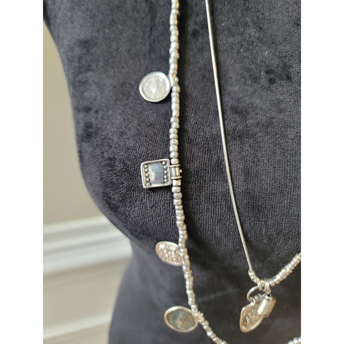 Chico's Women's Long Silver Beaded Necklace With Charms And Lobster Claw Lock