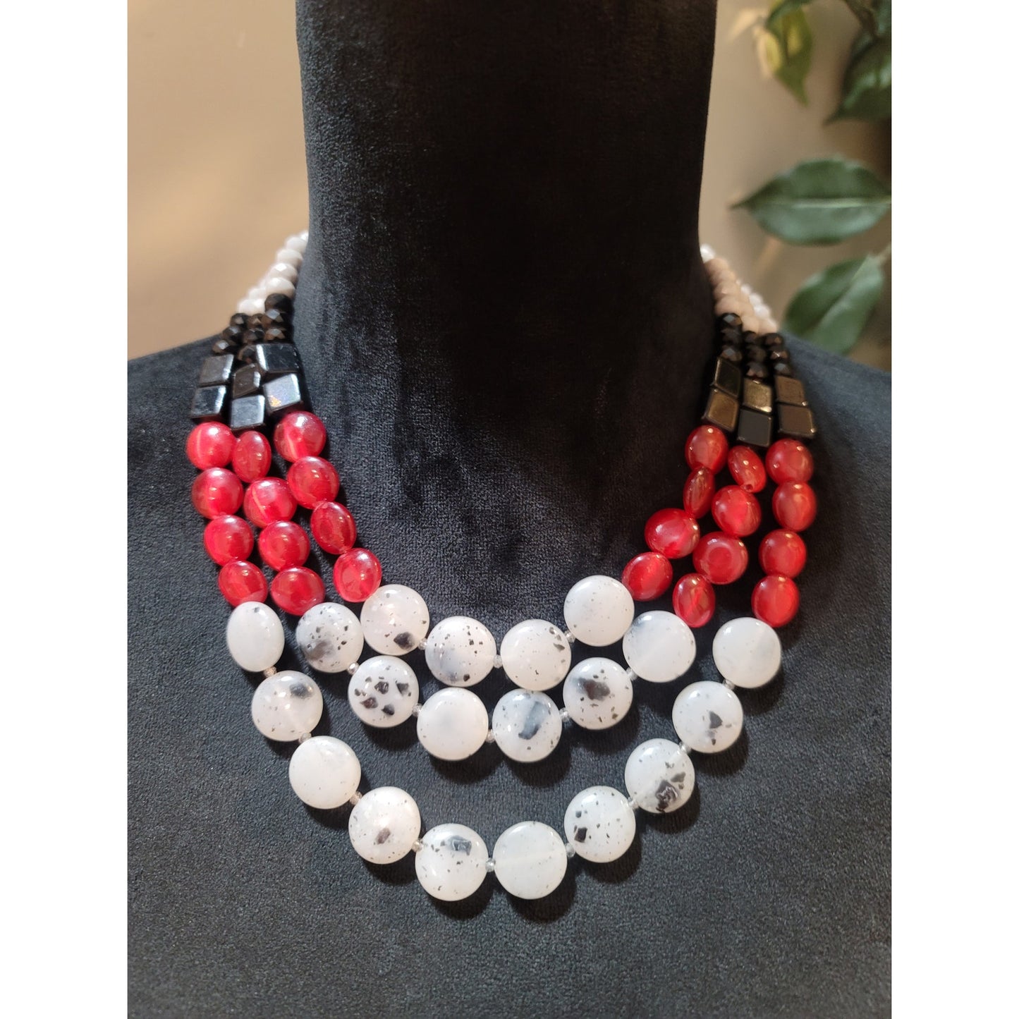 Womens Multi Strand Beaded Necklace With Red White Black Stones Spring Ring Lock