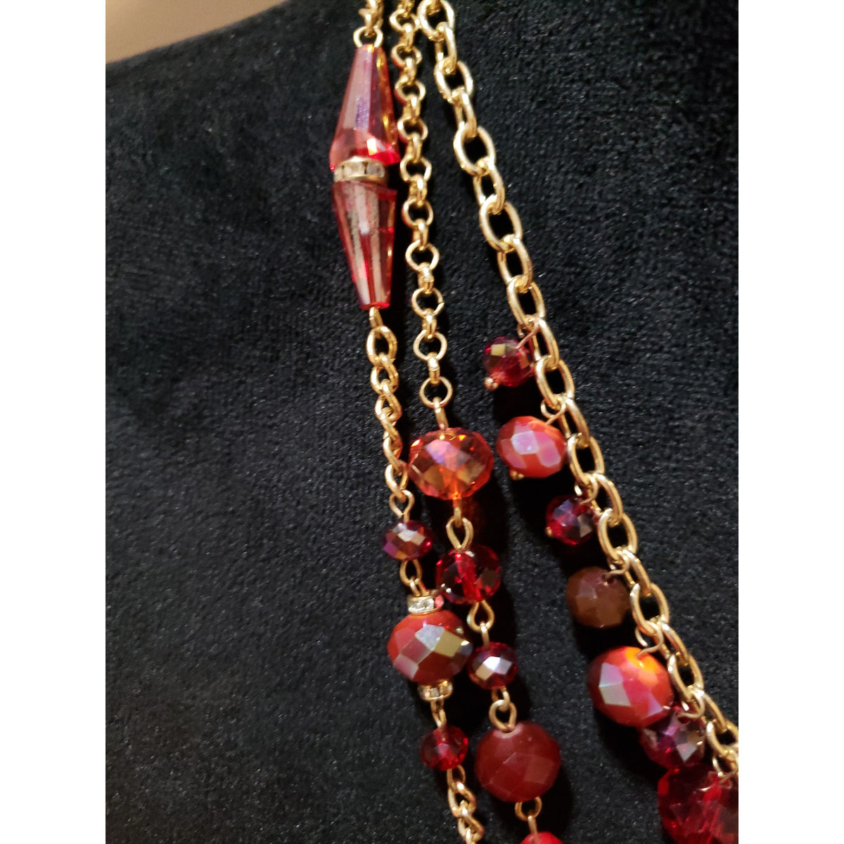 Ali Khan Womens 3 Strand Gold Tone Red Beads Aurora Borealis Necklace Jewelry