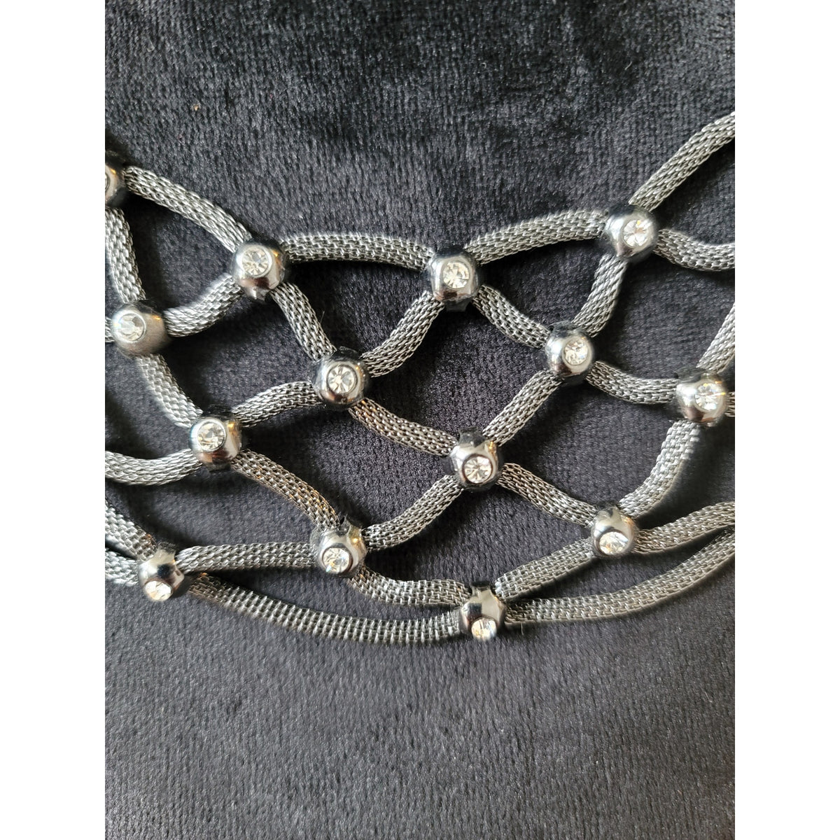 Serena Women's Silver Tone Mesh Net Bib Necklace With Rhinestone Accents