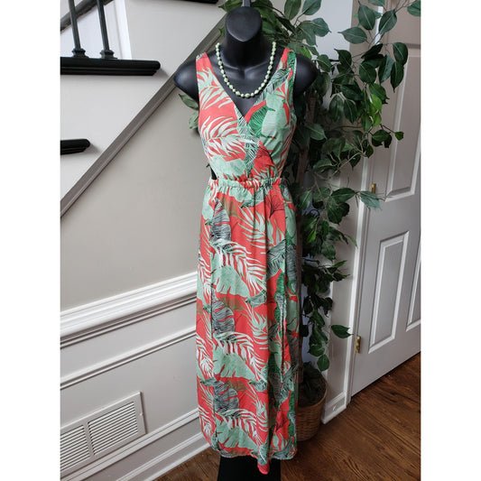 SHEIN Long Maxi Dress Women's Medium Multi Tropical Print Cutout Crossover Split