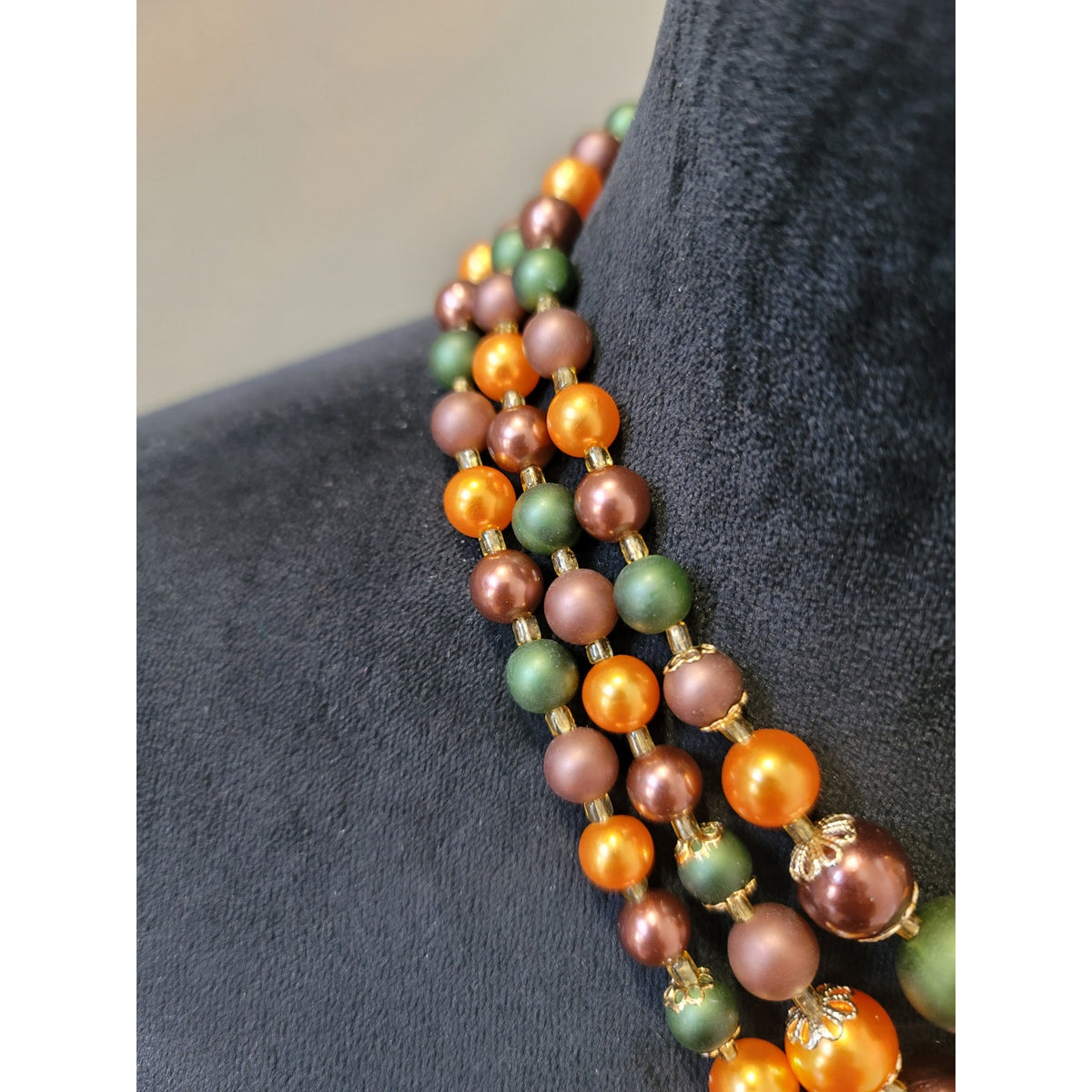 Women's Triple Strand Bead Necklace With Adjustable Hook Clasp Fall Colors