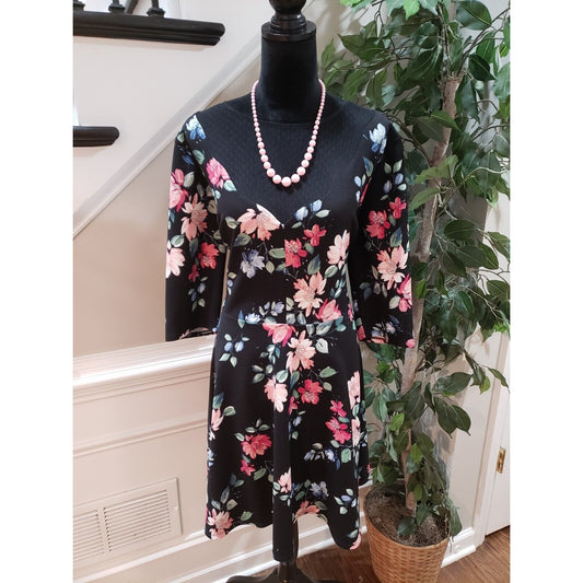 City Studio Women's Black Floral Round Neck 3/4 Sleeve Knee Length Dress Size 18
