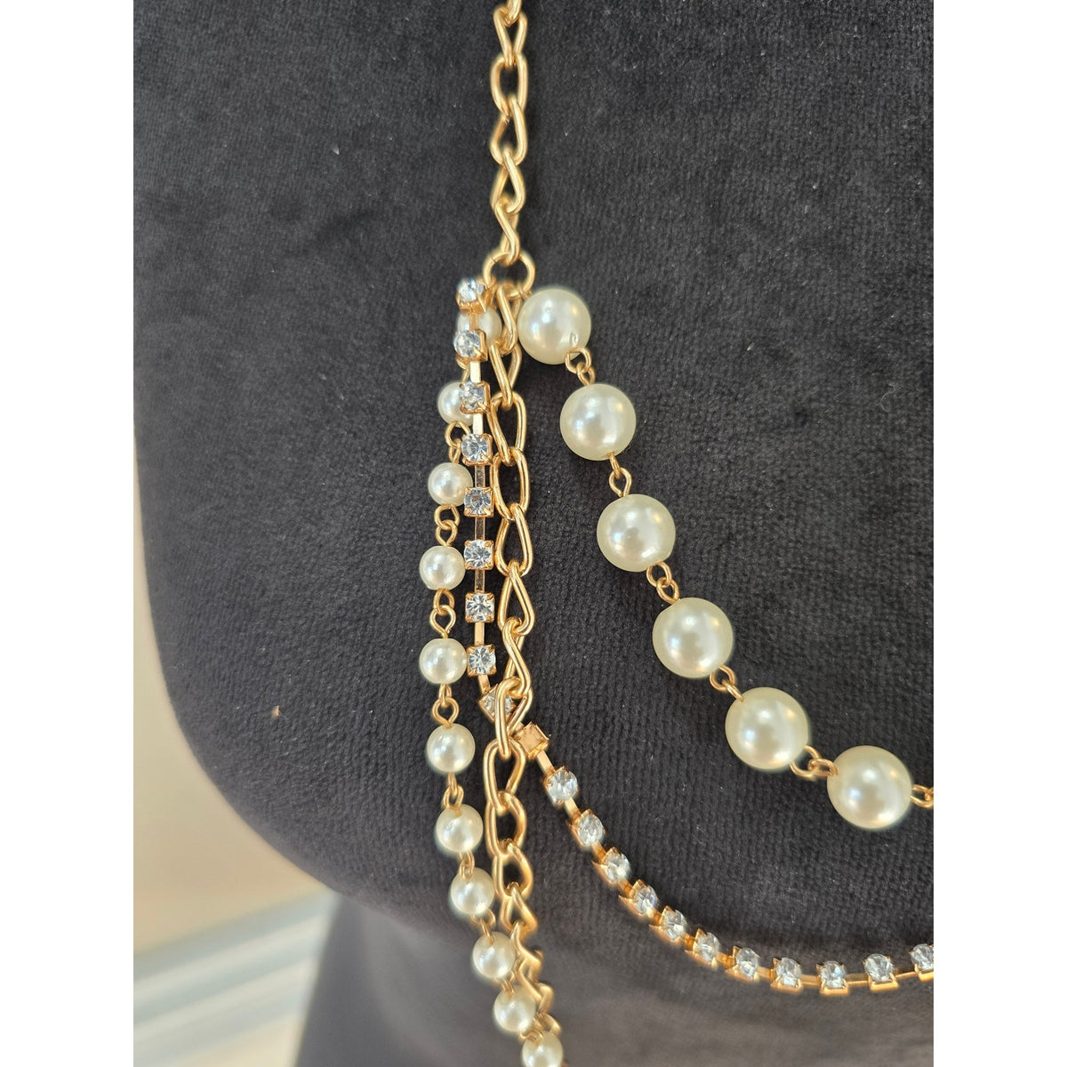 Lightweight Gold Tone Layered Chain Faux Pearl Flower Statement Necklace