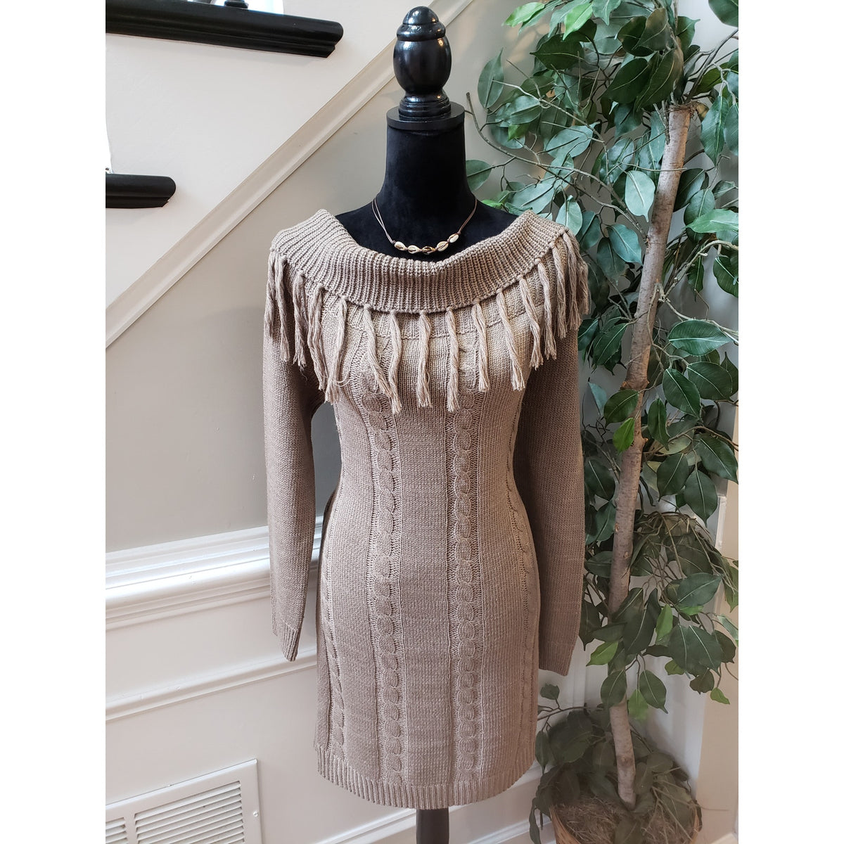 Cozy Casual Sweater Dress Women's Large Brown Geometric Cowl Neck Long Sleeve