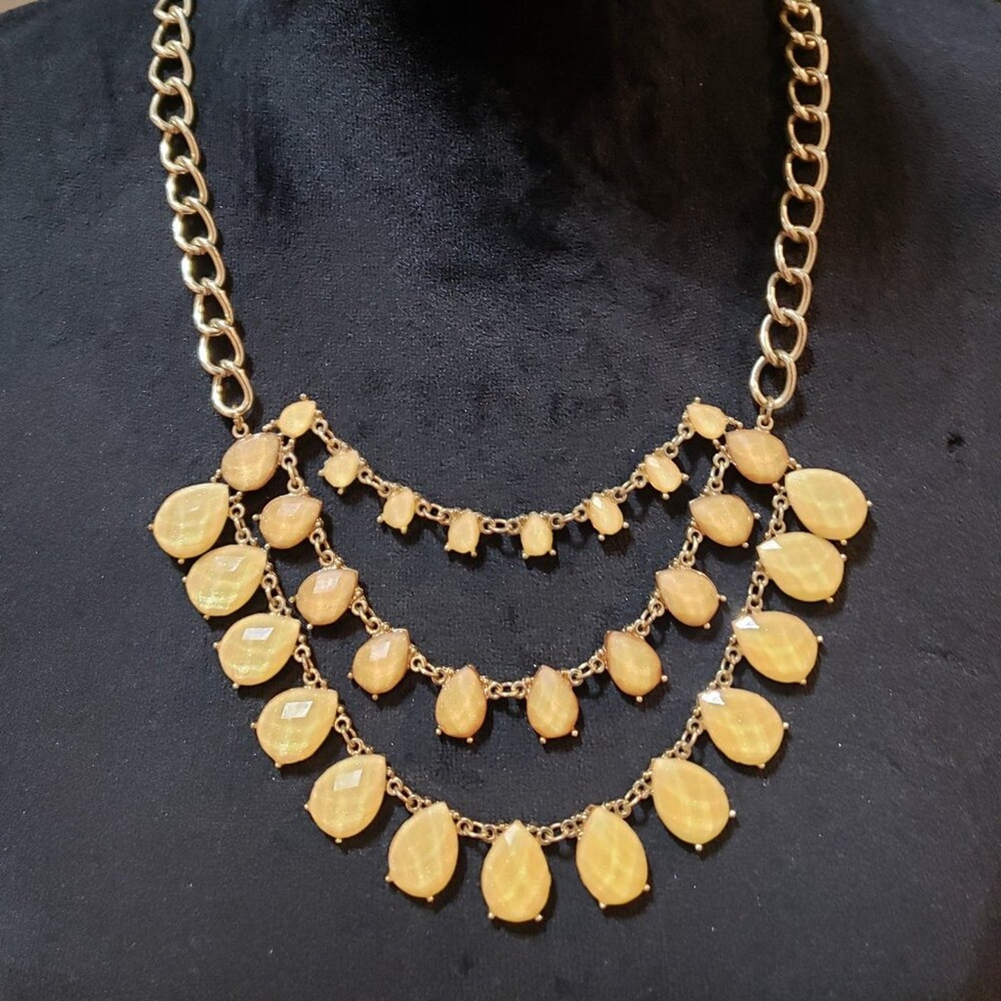 Womens Fashion Gold Tone Triple Strand Teardrop Beaded Statement Necklace