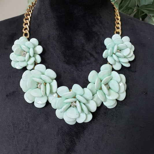 Womens Green Faceted Bead & Rhinestone Floral Statement Necklace Lobster Clasp