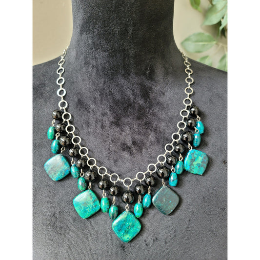 Women's Necklace with Turquoise Black Beads and Oval Link Chain Lobster Clasp