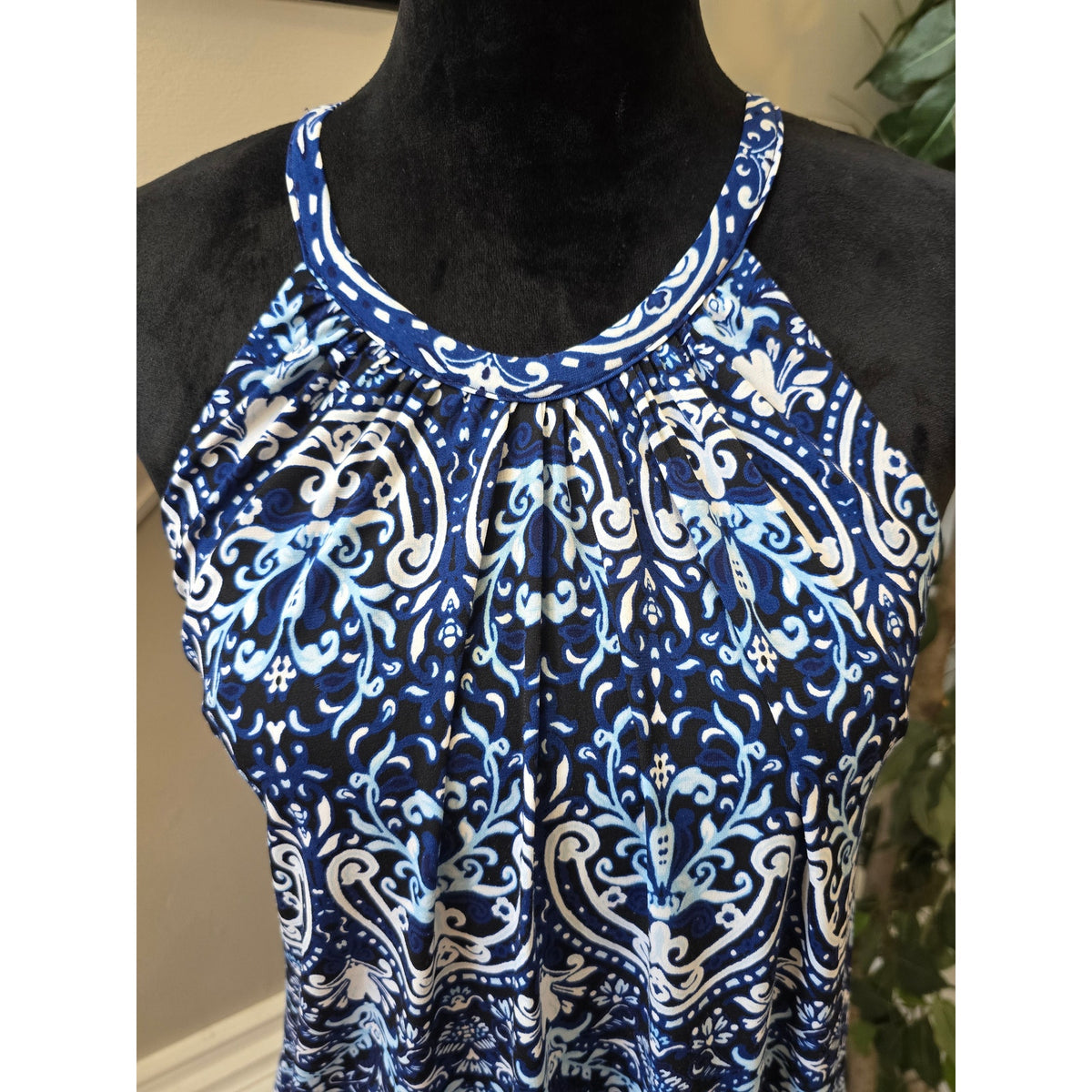 Jones New York A-Line Dress Women's Medium Blue Damask Halter Neck Shelf Bra