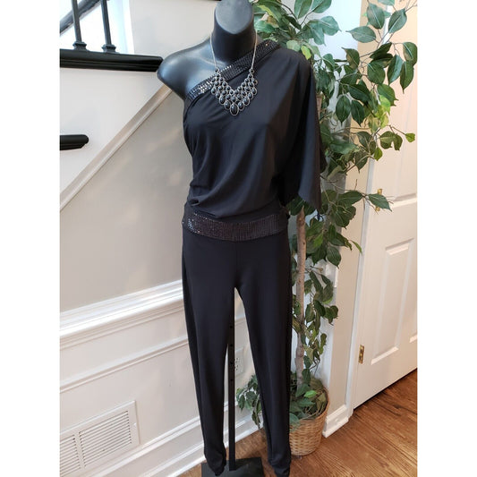 Bebe Women's Black 100% Polyester One Shoulder Off 3/4 Sleeve Jumpsuit Size S