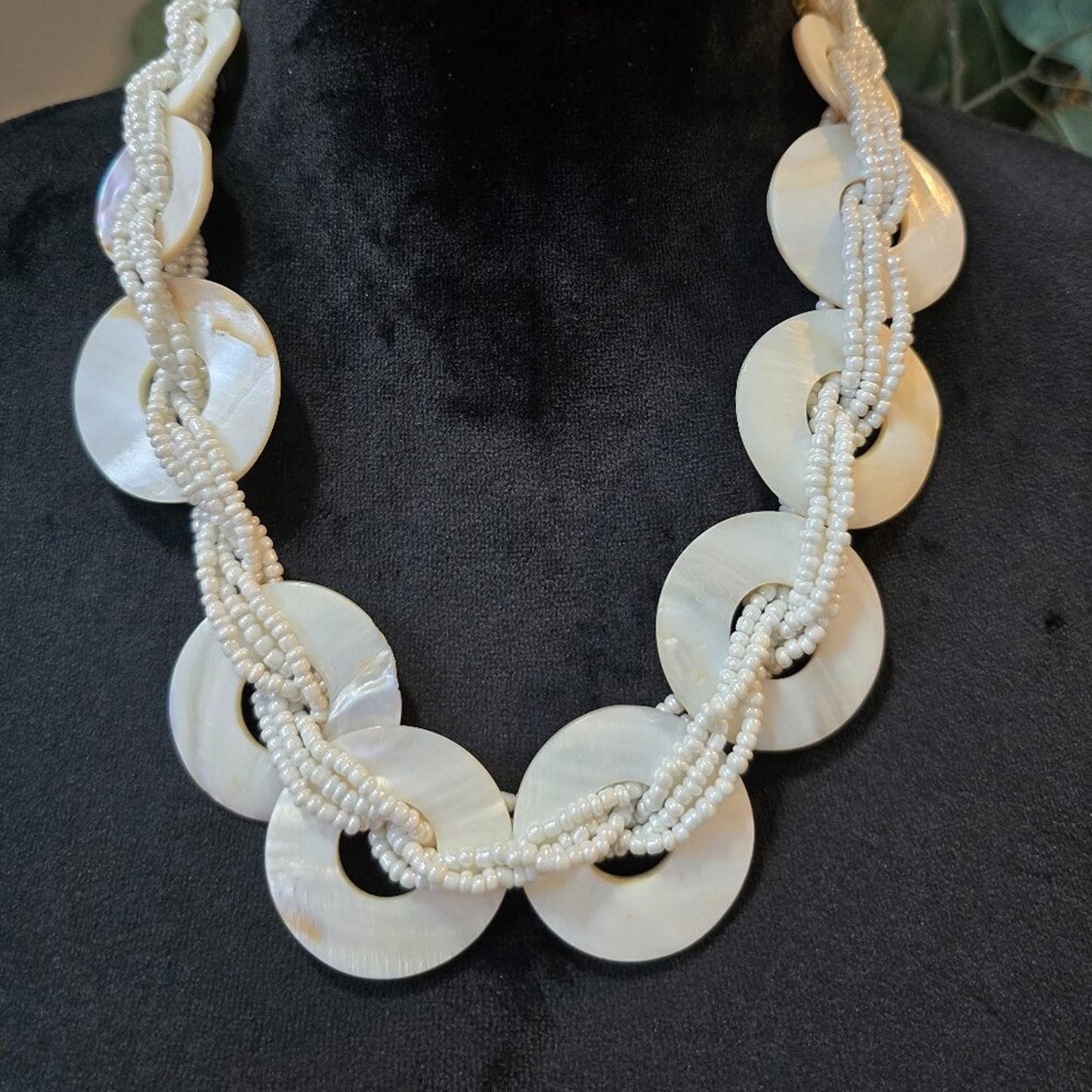 Women White Discs and Braided Seed Bead Multi-Strand Necklace with Lobster Clasp