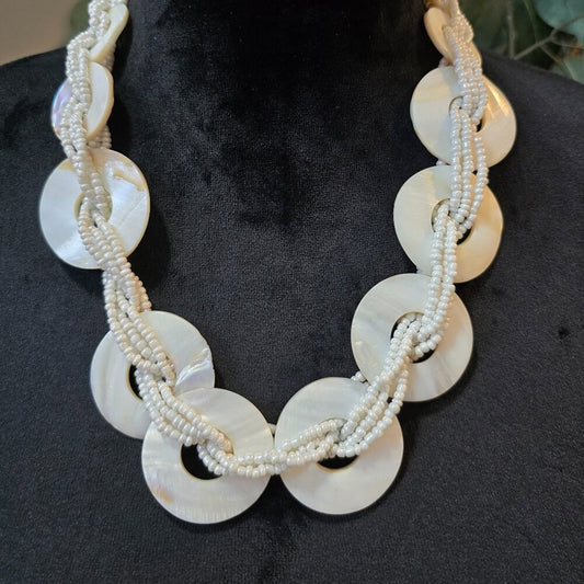 Women White Discs and Braided Seed Bead Multi-Strand Necklace with Lobster Clasp