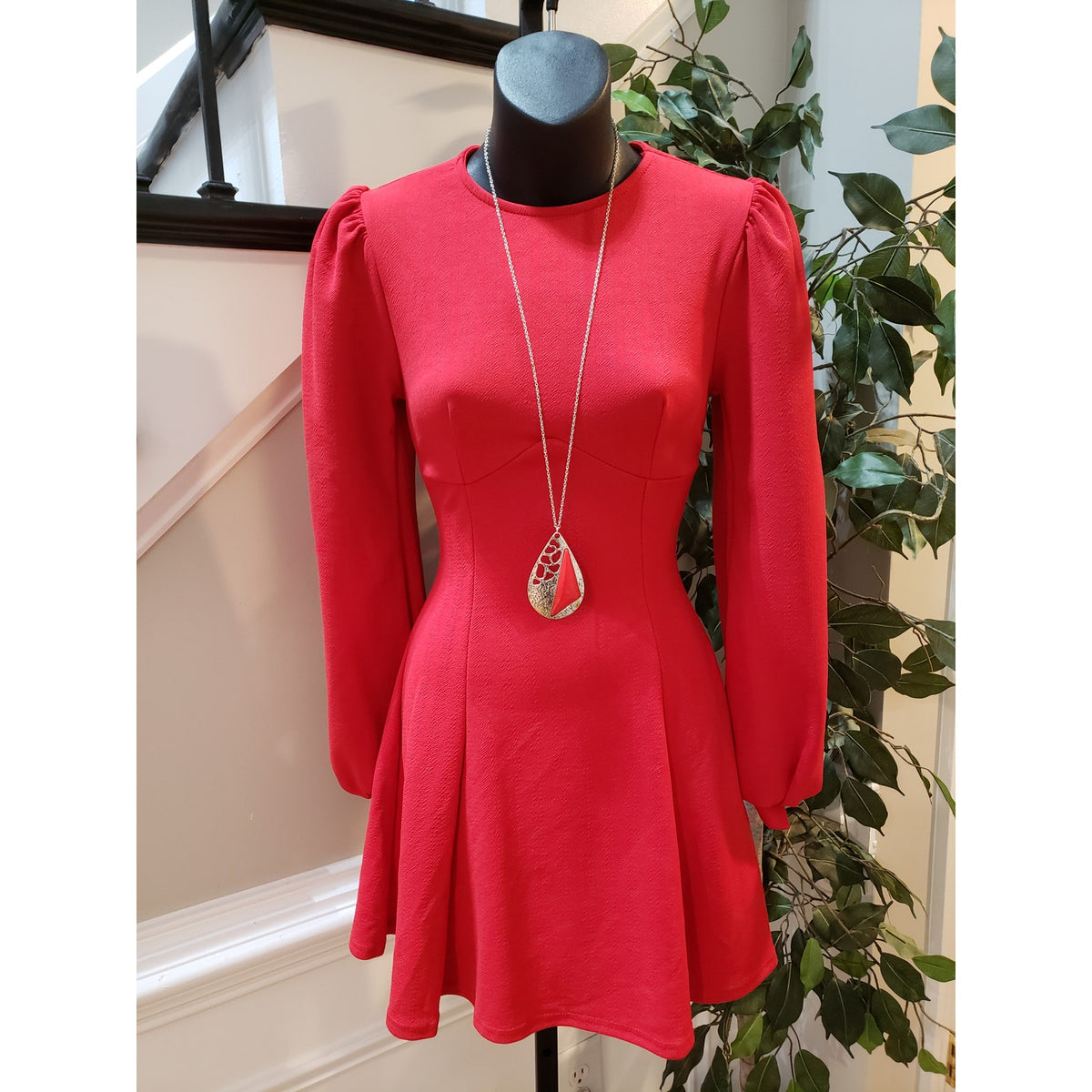 Boohoo Skater Dress Women's 4 Red Bust Detail Blouson Sleeve Crew Neck Pullover