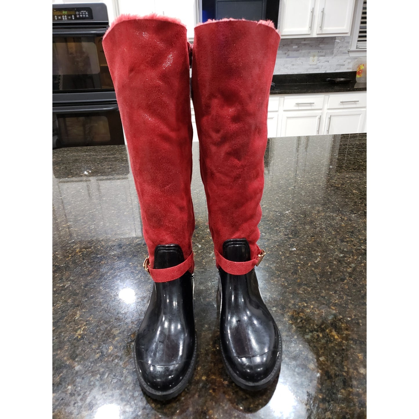 Womens Boots Size 8 Black & Red Patent Leather Comfort Buckle Round Toe Side Zip