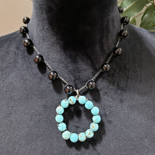 Womens Fashion Black Turquoise Round Beads Gemstones Collar Necklace Jewelry