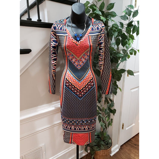 Fire Los Angeles Women's Multi Geo Print V Neck Long Sleeve Knee Length Dress XS