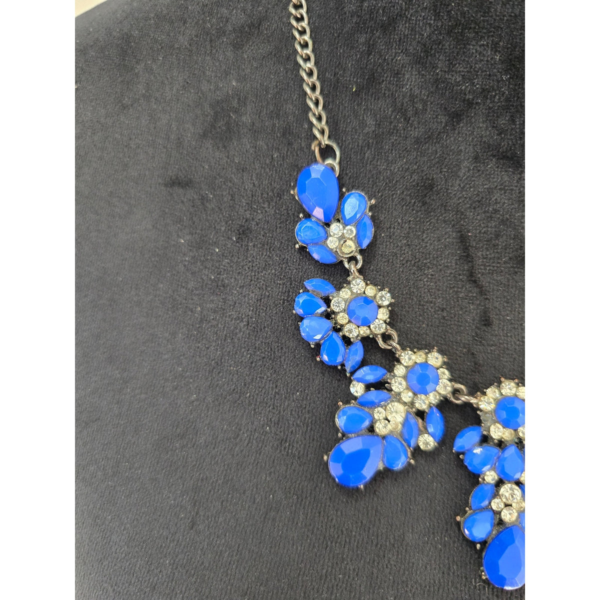 Royal Blue Rhinestone Crystal Floral Bib Statement Necklace