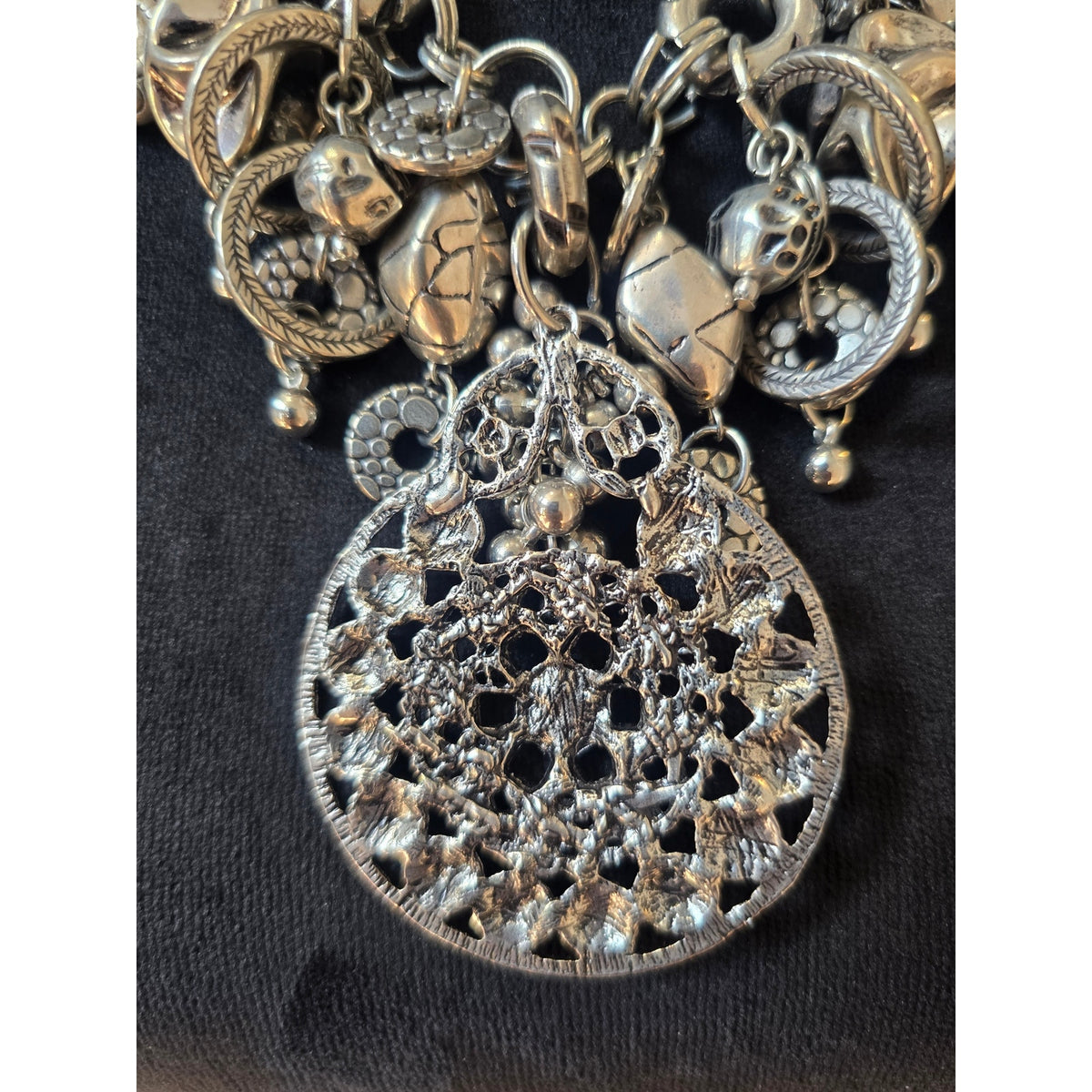 Antique Silver Tone Boho Medallion Charm Statement Necklace Beaded Pendant