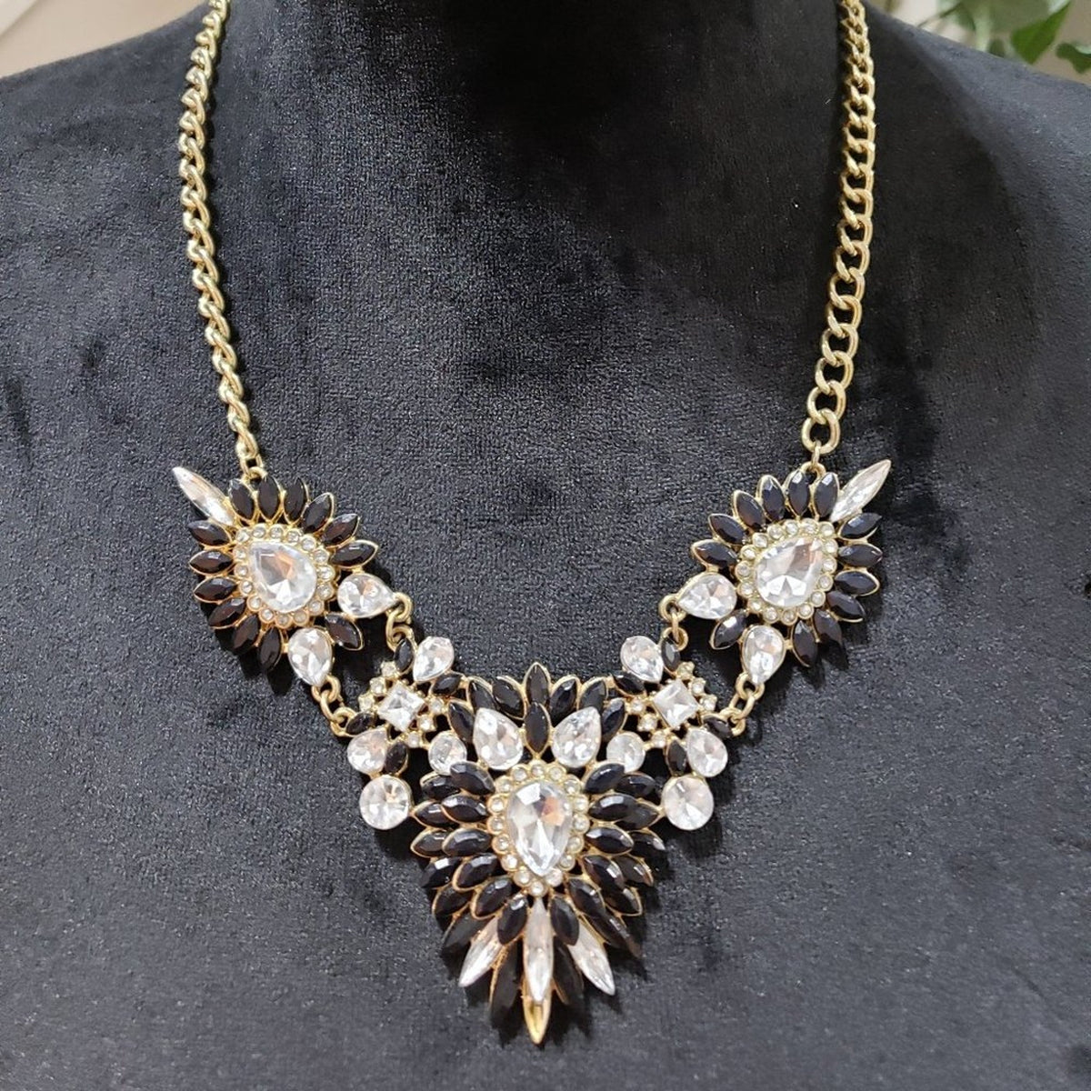 Womens Fashion Black & Clear Gold Tone Statement Bib Necklace with Lobster Clasp