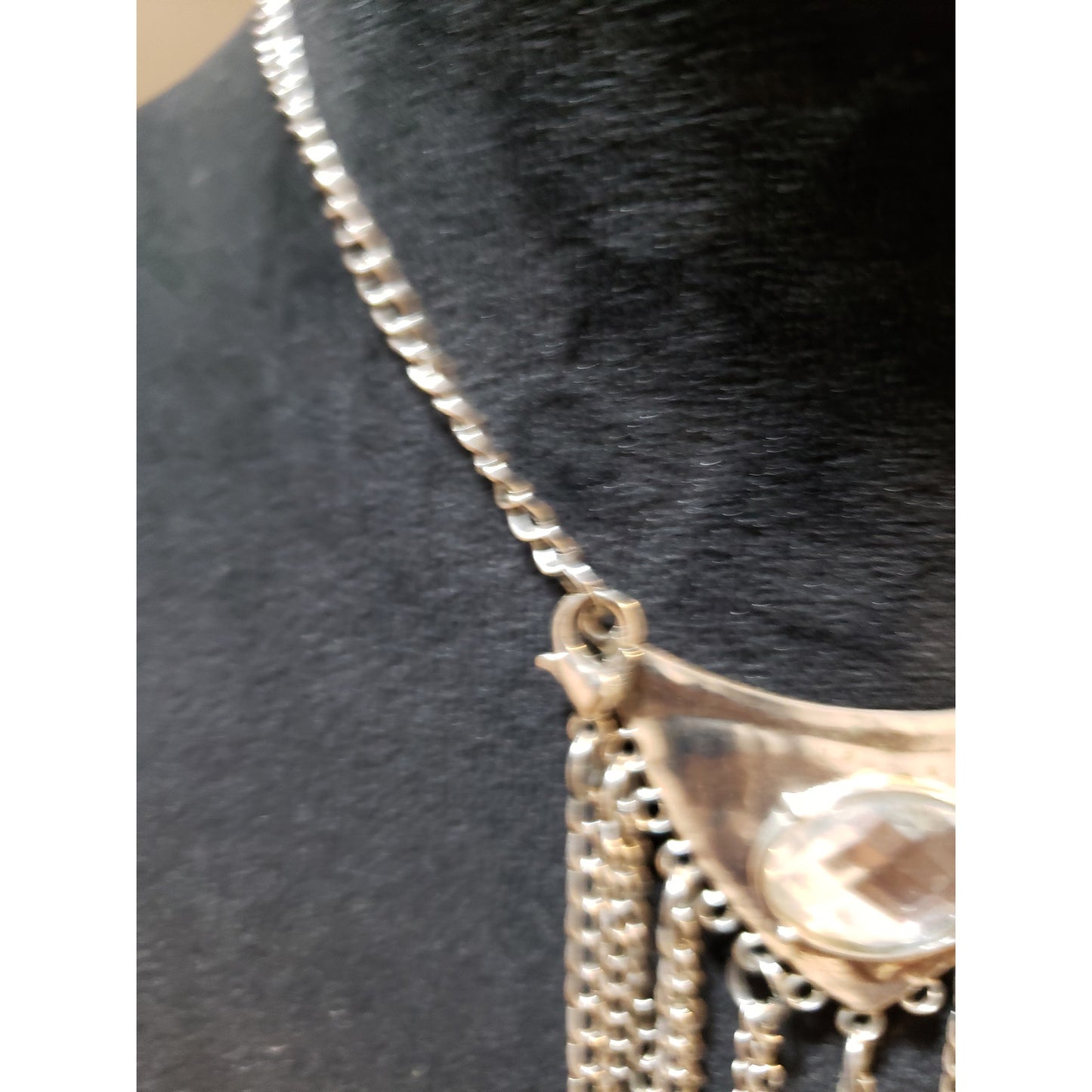 Women Silver Tone Faceted Crystal Multi Chain Fringe Necklace with Lobster Clasp