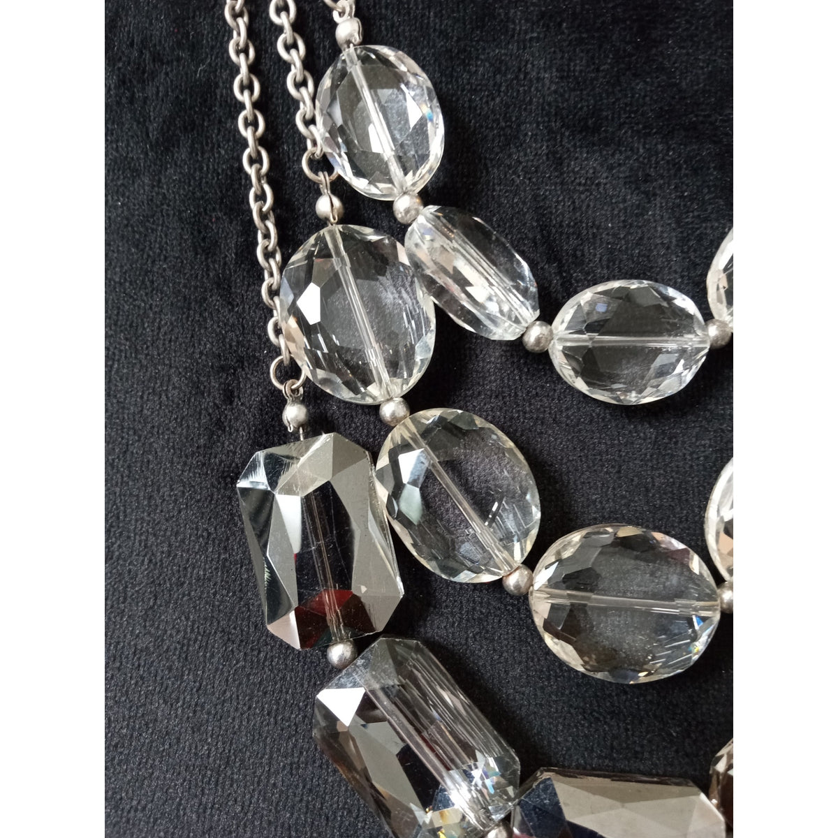 Silver Tone Clear Faceted Acrylic Bead Layered Statement Necklace Chunky Glam