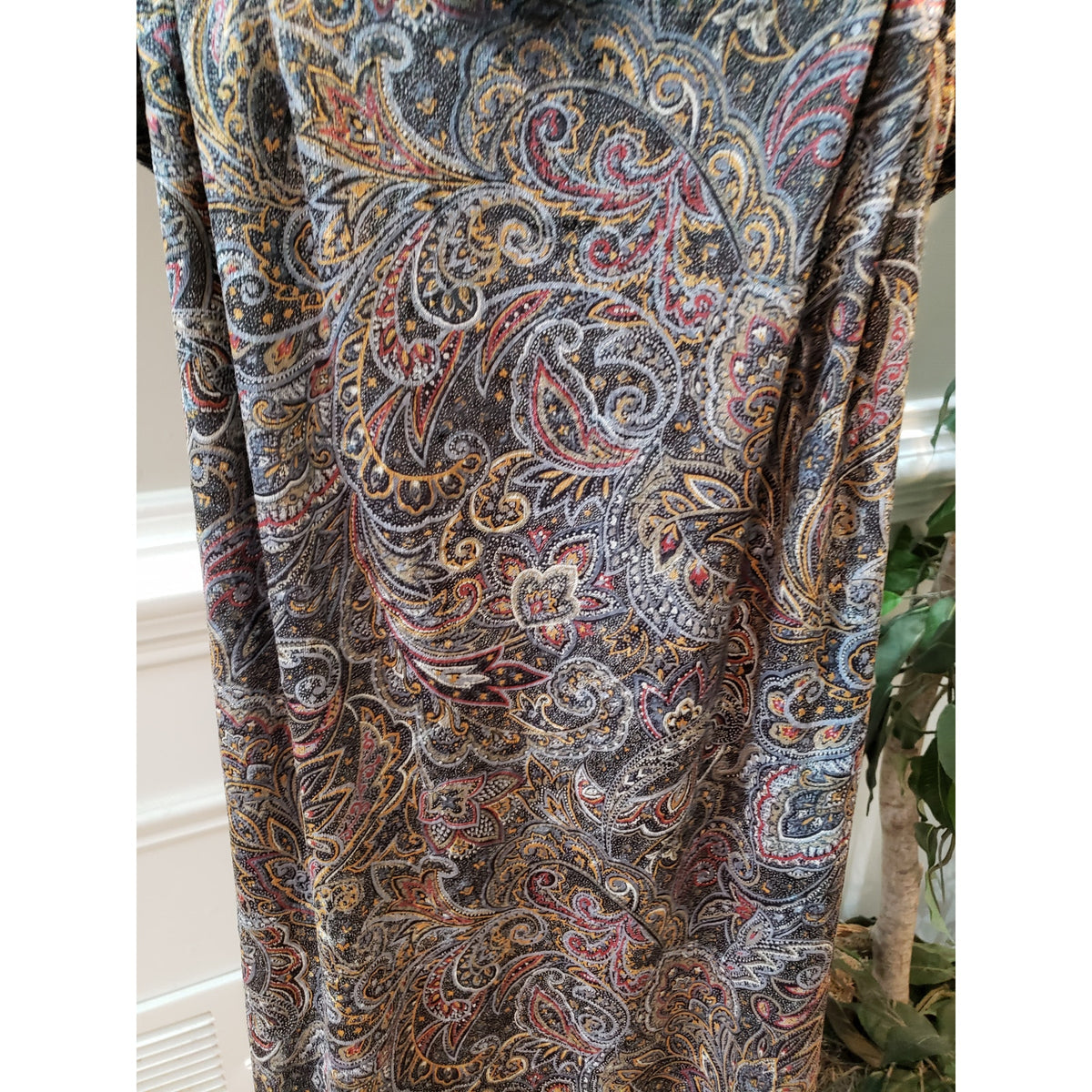 Crea Mure Dress Women Size 8 Brown Paisley Velvet Beaded Neck Boho Short Sleeve