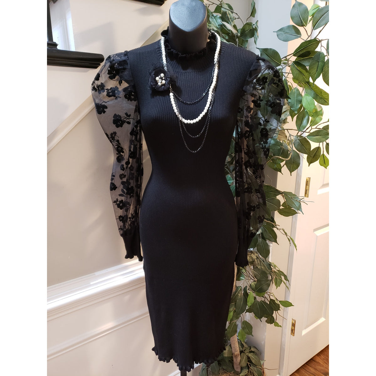 Fashion Nova Bodycon Dress Womens Small Black Floral Sheer Long Sleeve Mock Neck