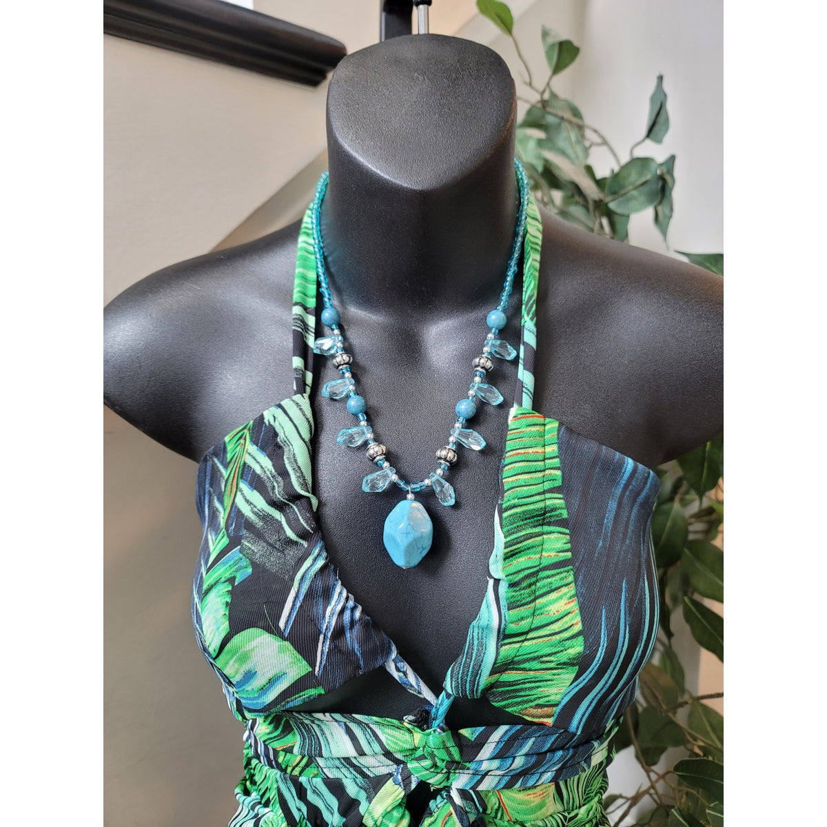 Shein Maxi Dress Women Small Green Black Tropical Halter Boho Summer Beachwear
