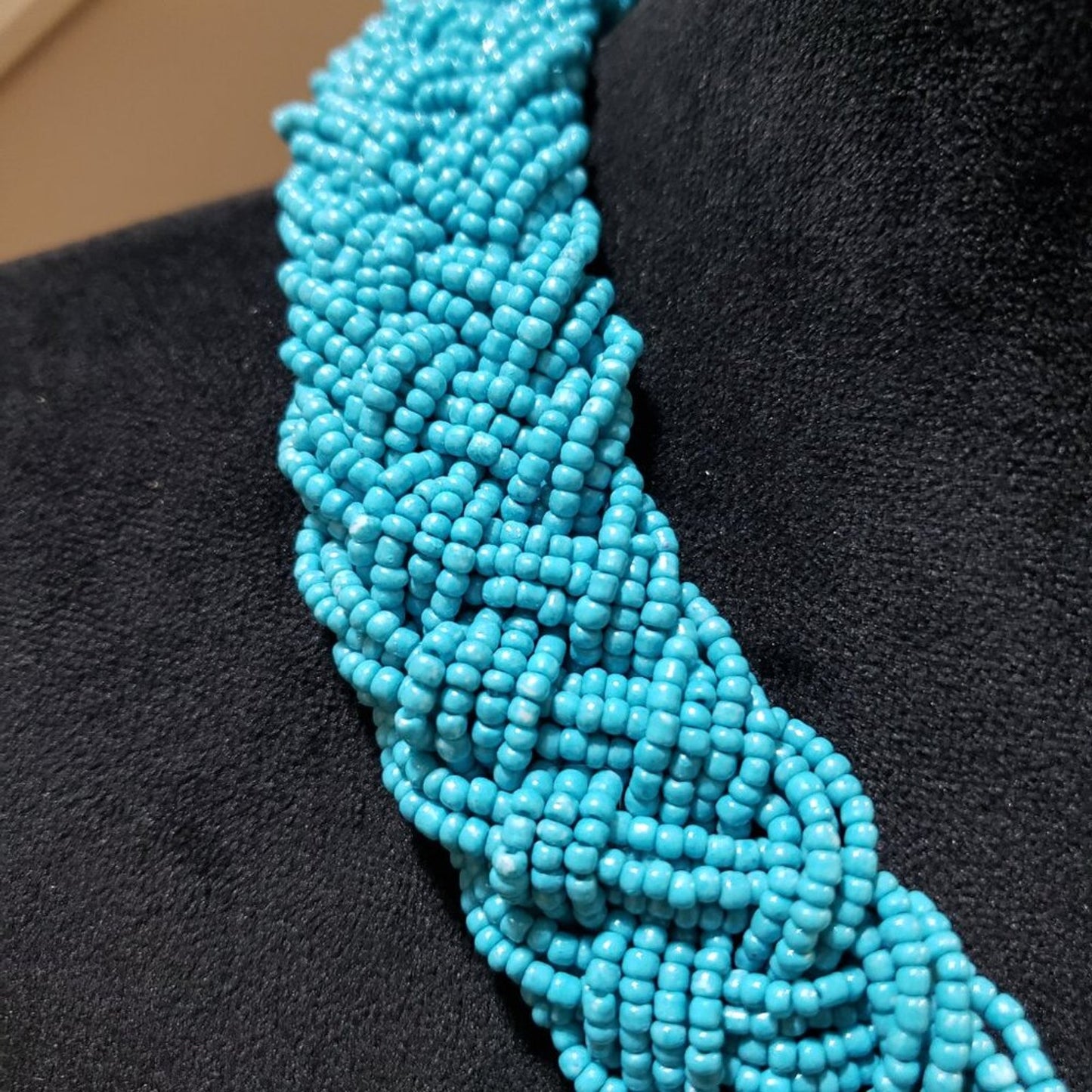 Women Light Blue Braided Seed Beaded Multiple Layers Necklace with Lobster Clasp
