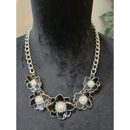 Women's Black Flower Statement Necklace With Pearls And Lobster Clasp Lock
