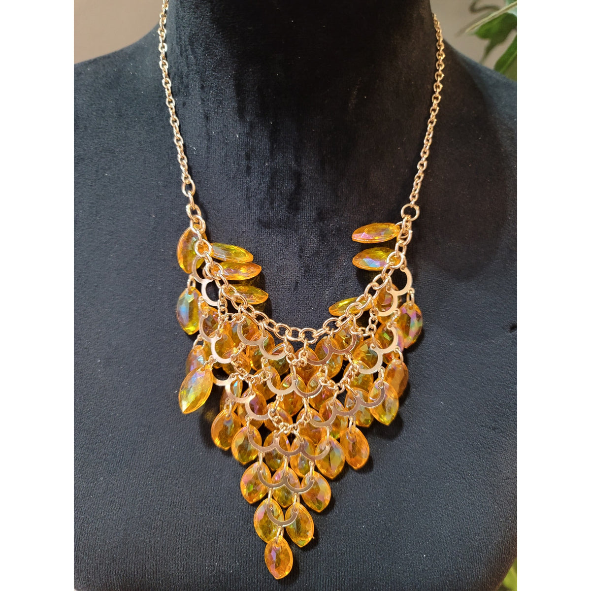Women's Amber Crystal Leaf Bib Necklace Earring Set Gold Tone Lobster Clasp