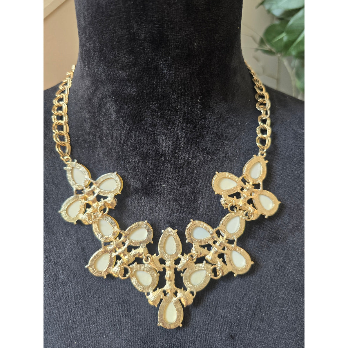 Gold Tone Yellow Teardrop Rhinestone Bib Statement Necklace