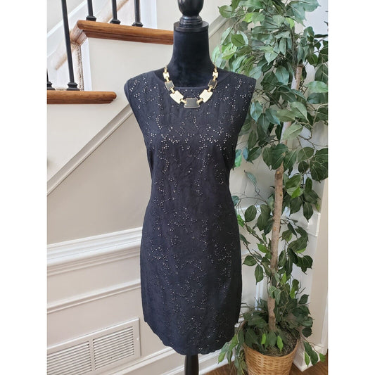 Loft Women Black Floral Polyester Round Neck Sleeveless Knee Length Dress Size 8