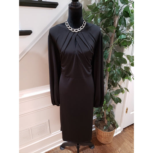Women's Black Solid Polyester Round Neck Long Sleeve Casual Knee Length Dress 2X
