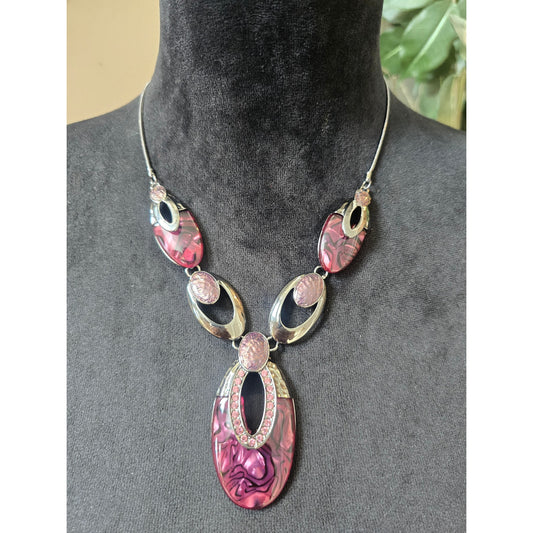Pink Purple Abalone Shell Oval Pendant Statement Necklace and Earrings Set