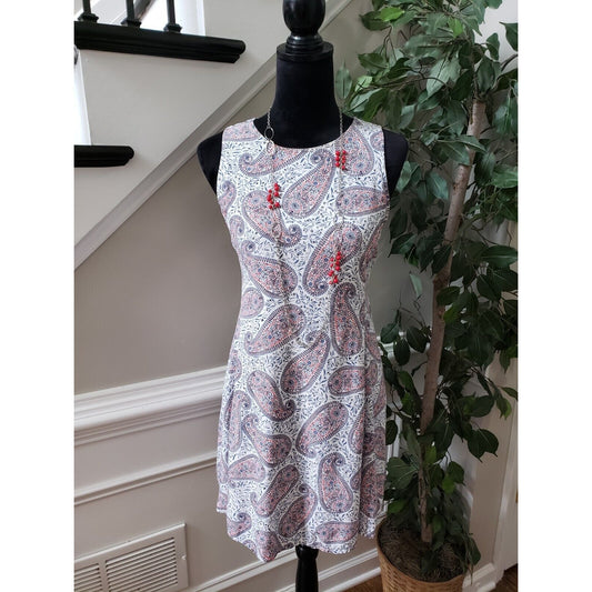 Old Navy Women White & Blue 100% Rayon Round Neck Sleeveless Knee Length Dress M
